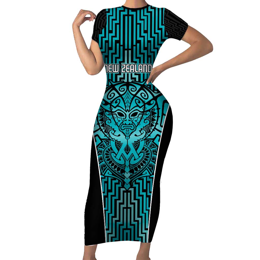 Custom Basketball New Zealand Short Sleeve Bodycon Dress Teal Maori Ta Moko Indigenous - Aussie Hoodie