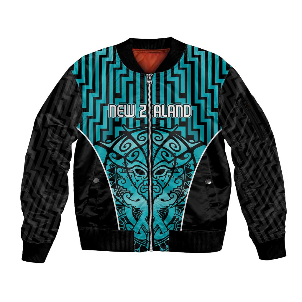 Custom Basketball New Zealand Sleeve Zip Bomber Jacket Teal Maori Ta Moko Indigenous - Aussie Hoodie