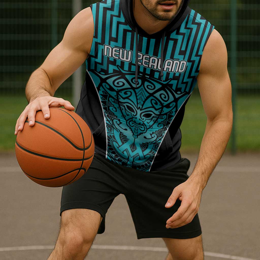 Custom Basketball New Zealand Sleeveless Hoodie Teal Maori Ta Moko Indigenous - Aussie Hoodie