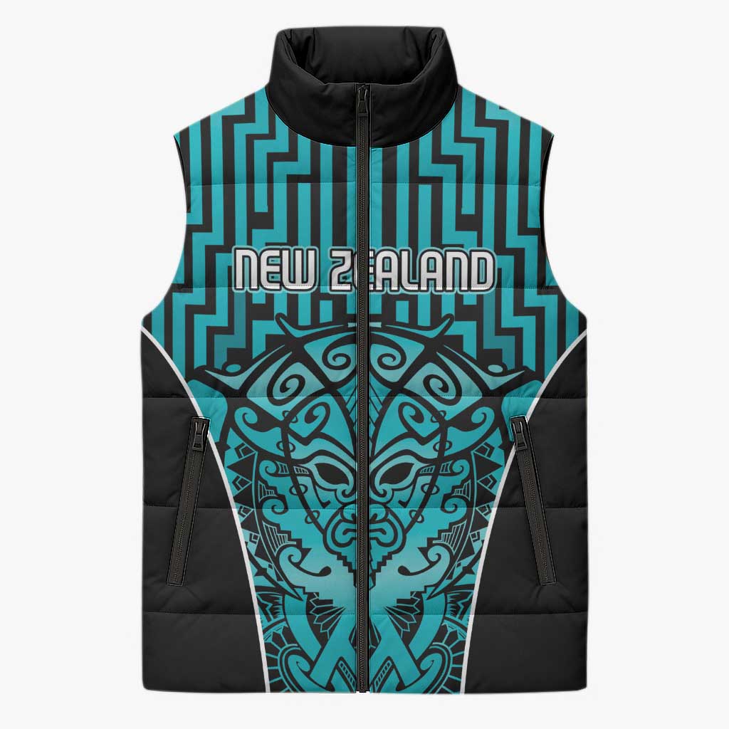 Custom Basketball New Zealand Sleeveless Puffer Jacket Teal Maori Ta Moko Indigenous - Aussie Hoodie
