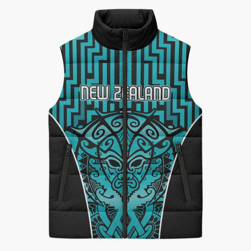 Custom Basketball New Zealand Sleeveless Puffer Jacket Teal Maori Ta Moko Indigenous - Aussie Hoodie