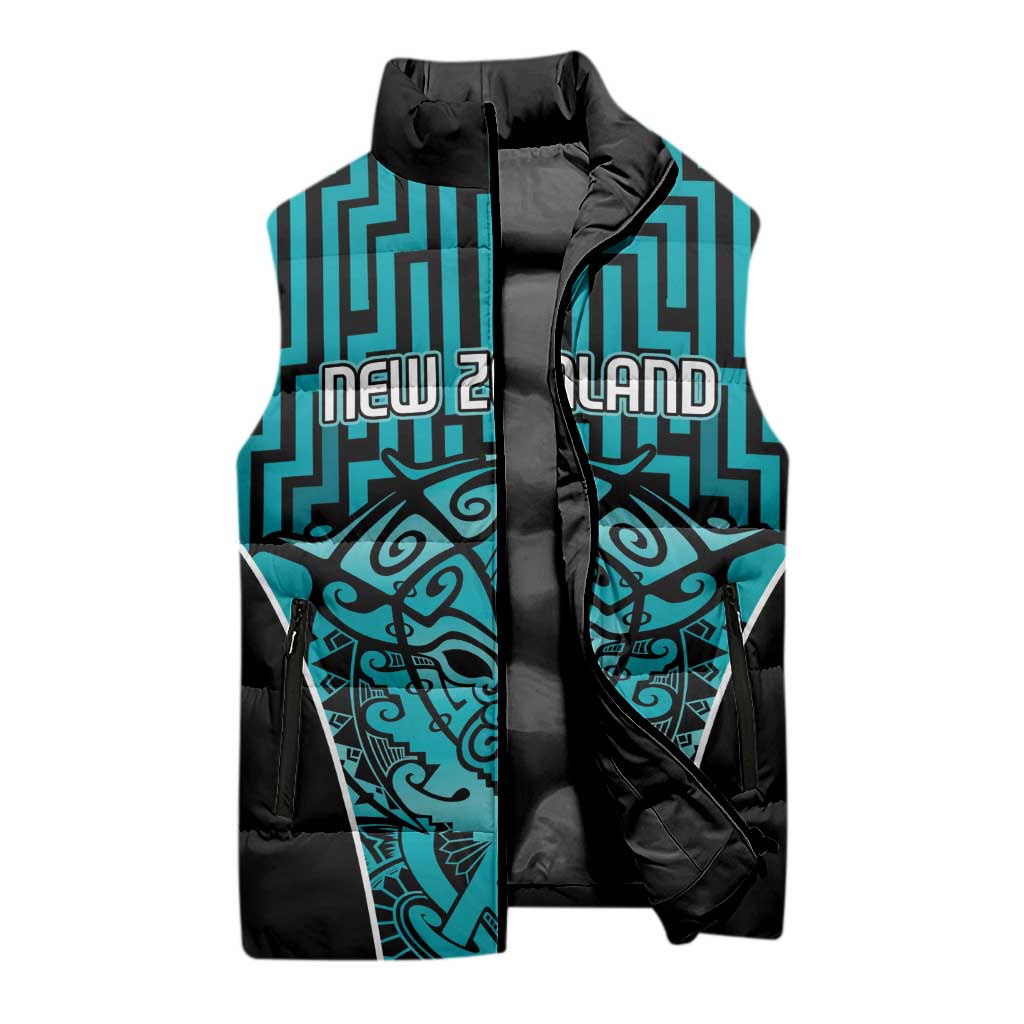Custom Basketball New Zealand Sleeveless Puffer Jacket Teal Maori Ta Moko Indigenous - Aussie Hoodie