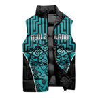 Custom Basketball New Zealand Sleeveless Puffer Jacket Teal Maori Ta Moko Indigenous - Aussie Hoodie