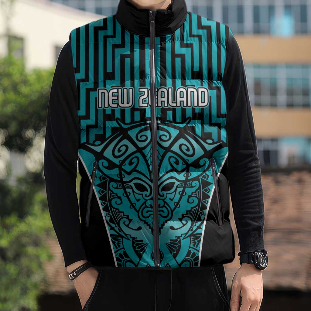 Custom Basketball New Zealand Sleeveless Puffer Jacket Teal Maori Ta Moko Indigenous - Aussie Hoodie