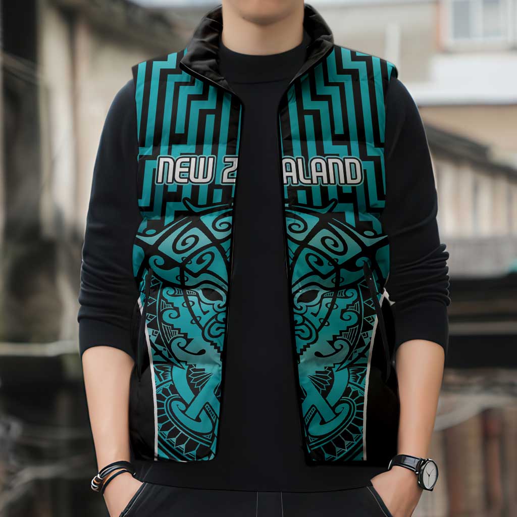 Custom Basketball New Zealand Sleeveless Puffer Jacket Teal Maori Ta Moko Indigenous - Aussie Hoodie