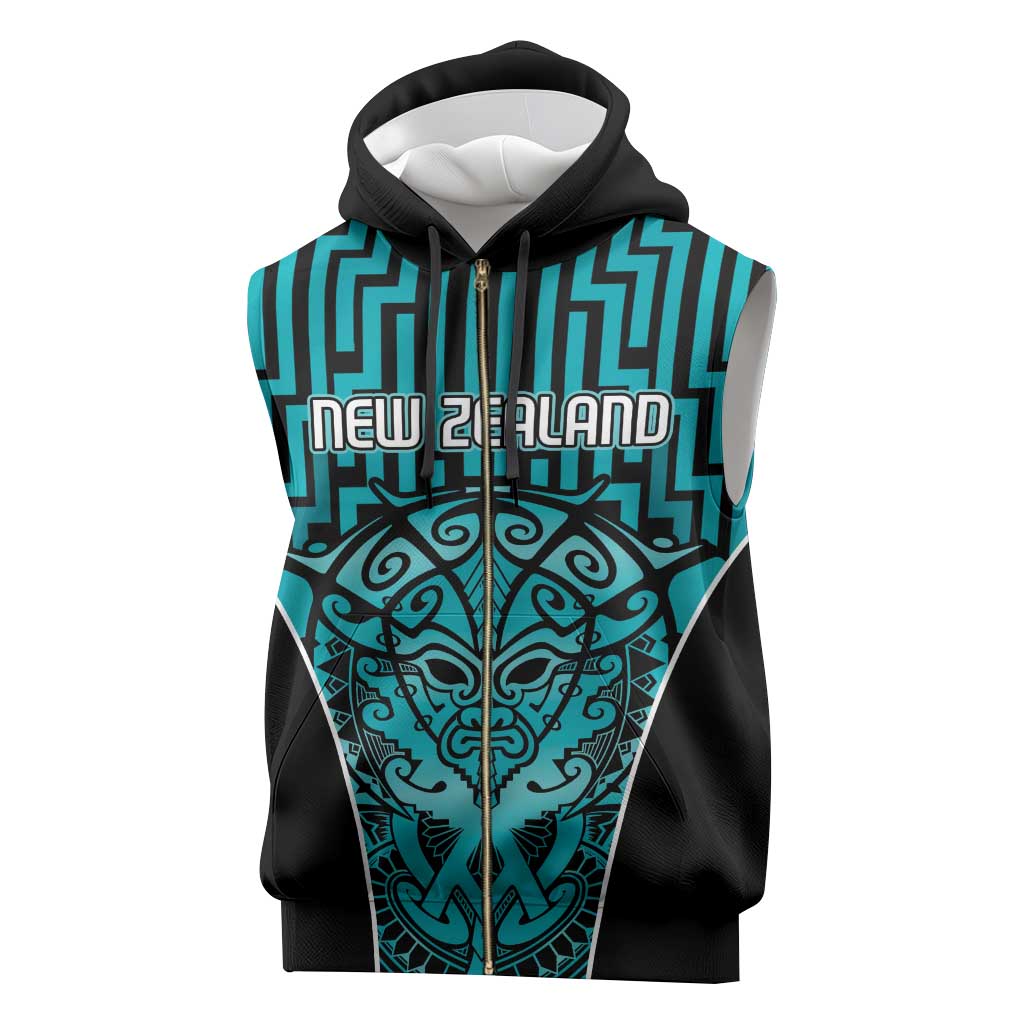 Custom Basketball New Zealand Sleeveless Zip Hoodie Teal Maori Ta Moko Indigenous - Aussie Hoodie
