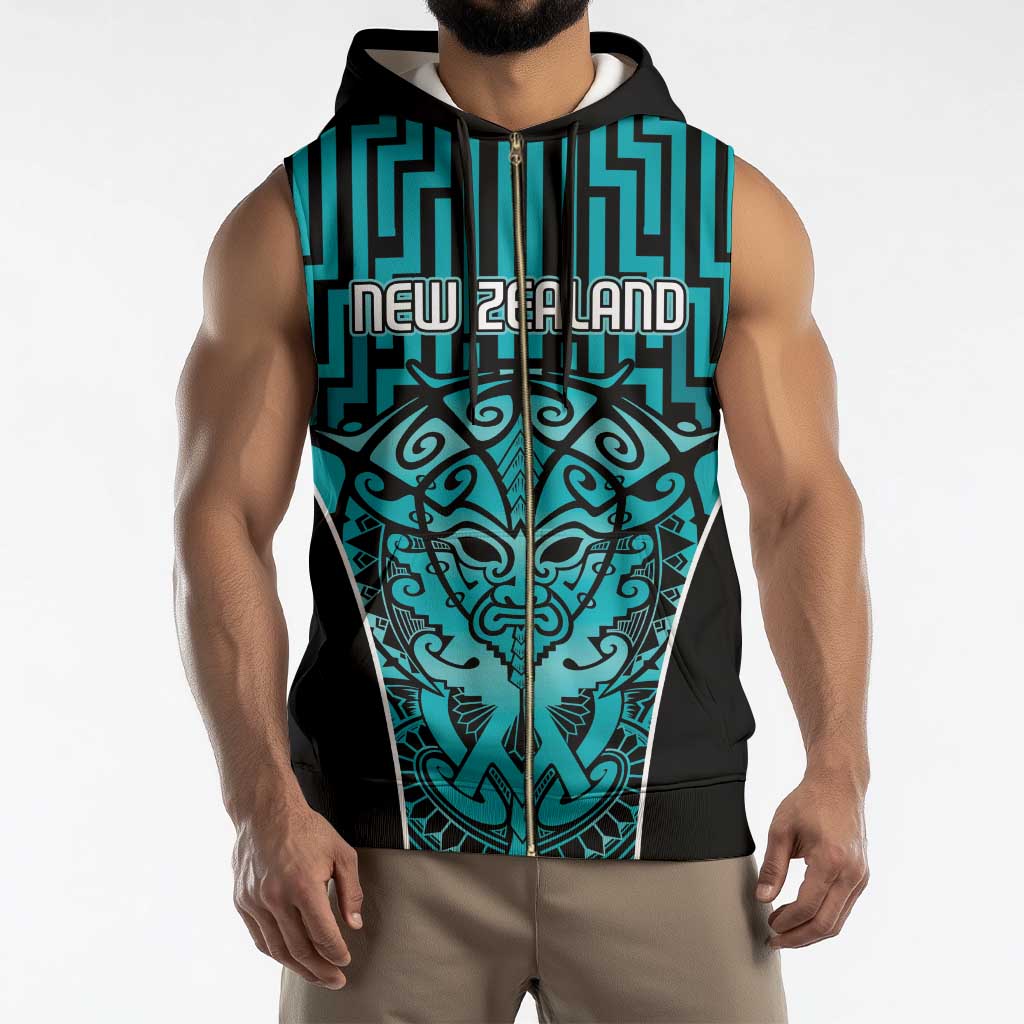 Custom Basketball New Zealand Sleeveless Zip Hoodie Teal Maori Ta Moko Indigenous - Aussie Hoodie