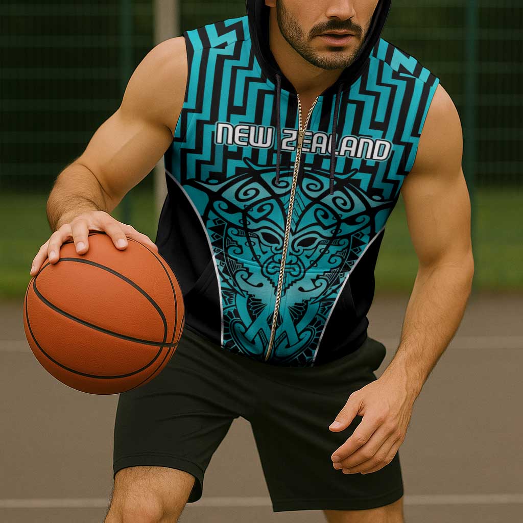 Custom Basketball New Zealand Sleeveless Zip Hoodie Teal Maori Ta Moko Indigenous - Aussie Hoodie