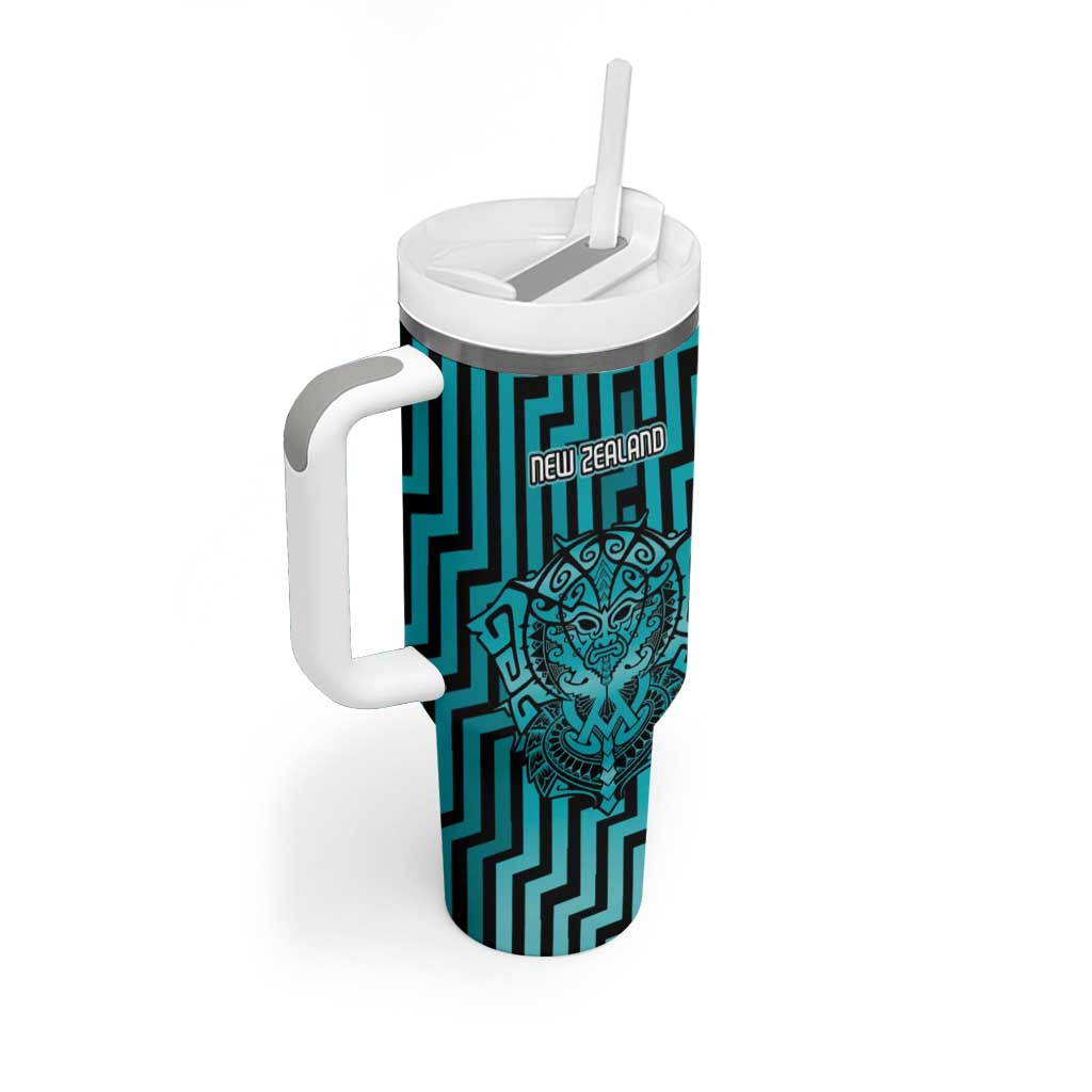 Custom Basketball New Zealand Tumbler With Handle Teal Maori Ta Moko Indigenous - Aussie Hoodie