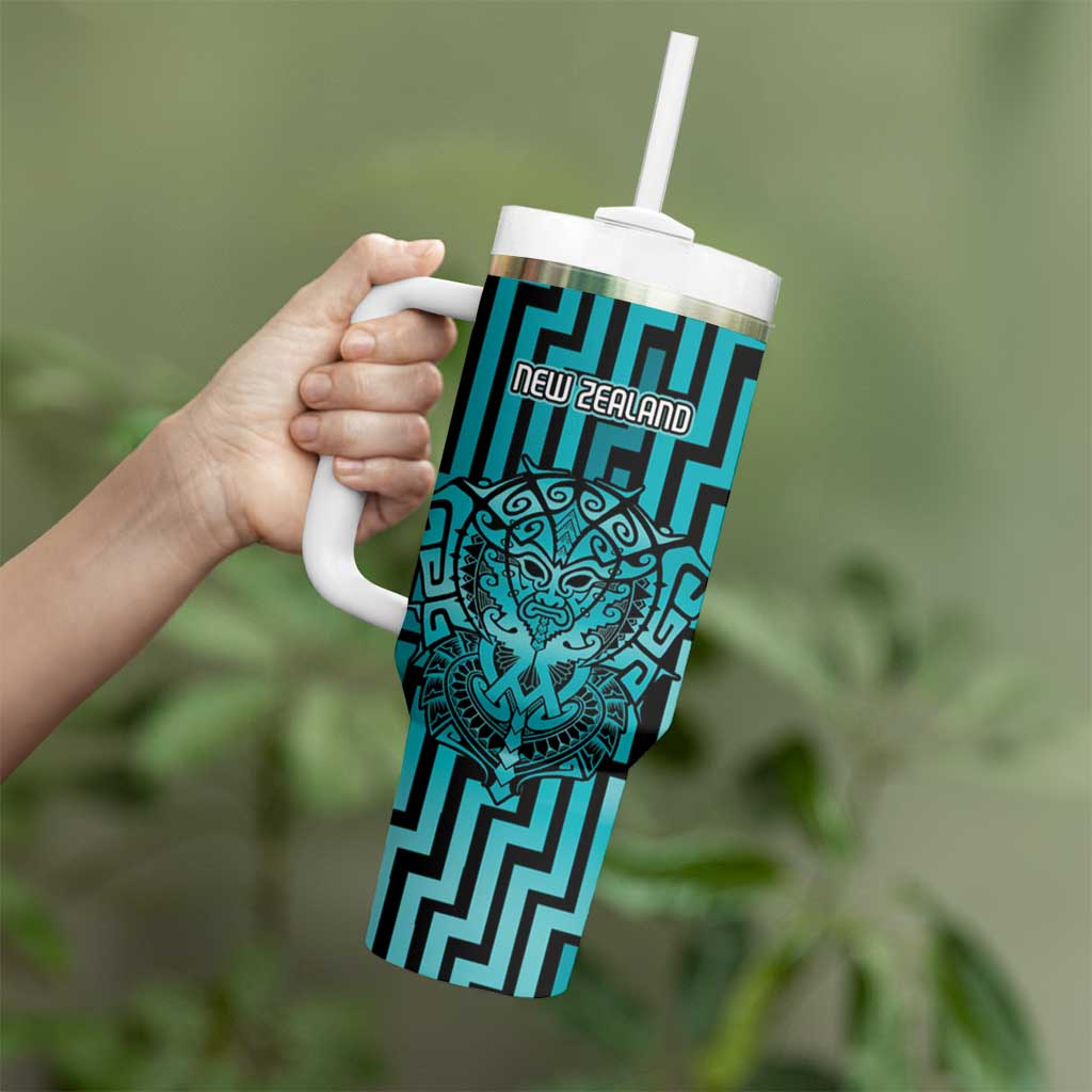 Custom Basketball New Zealand Tumbler With Handle Teal Maori Ta Moko Indigenous - Aussie Hoodie