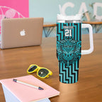 Custom Basketball New Zealand Tumbler With Handle Teal Maori Ta Moko Indigenous - Aussie Hoodie