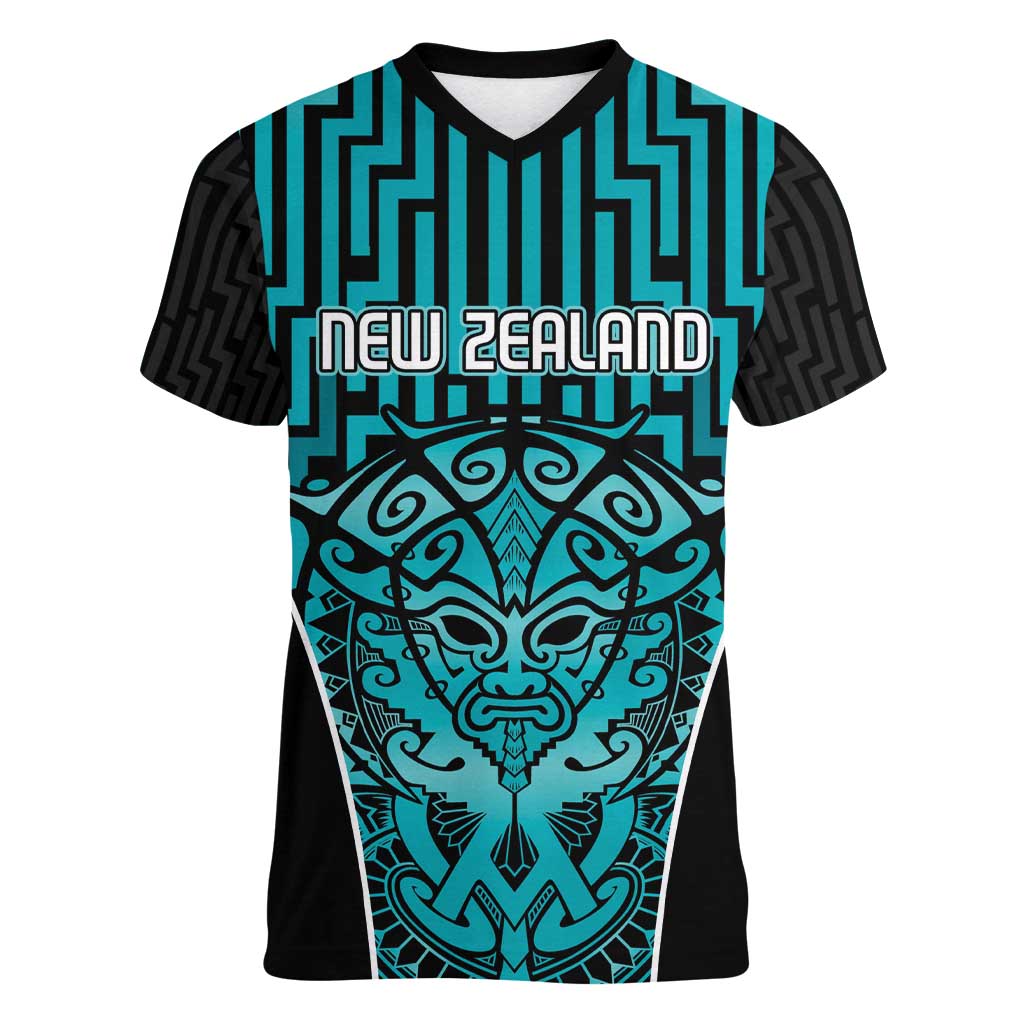Custom Basketball New Zealand Women V-Neck T-Shirt Teal Maori Ta Moko Indigenous - Aussie Hoodie