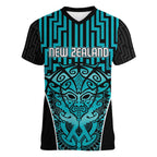 Custom Basketball New Zealand Women V-Neck T-Shirt Teal Maori Ta Moko Indigenous - Aussie Hoodie