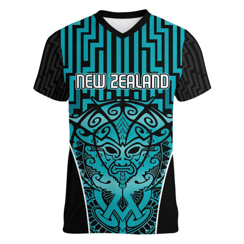 Custom Basketball New Zealand Women V-Neck T-Shirt Teal Maori Ta Moko Indigenous - Aussie Hoodie