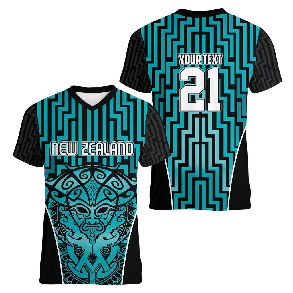 Custom Basketball New Zealand Women V-Neck T-Shirt Teal Maori Ta Moko Indigenous - Aussie Hoodie