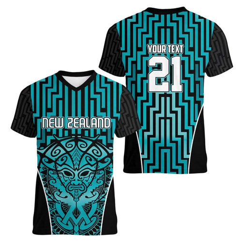 Custom Basketball New Zealand Women V-Neck T-Shirt Teal Maori Ta Moko Indigenous - Aussie Hoodie
