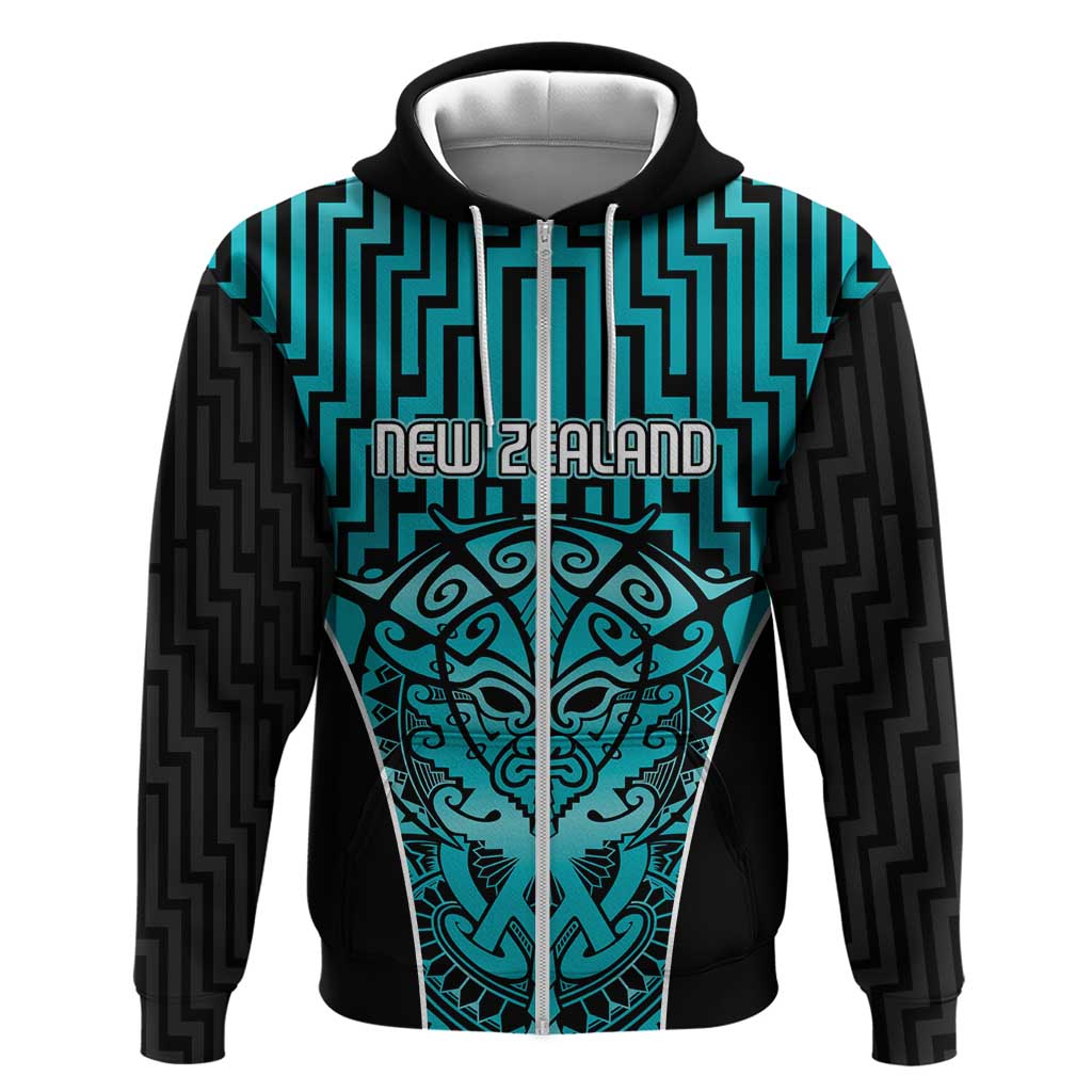 Custom Basketball New Zealand Zip Hoodie Teal Maori Ta Moko Indigenous - Aussie Hoodie