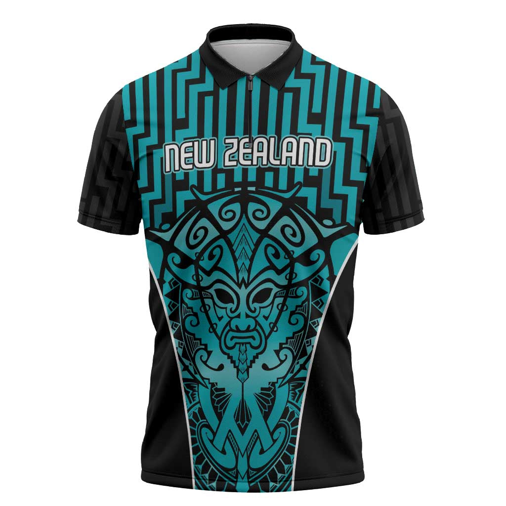 Custom Basketball New Zealand Zipper Polo Shirt Teal Maori Ta Moko Indigenous - Aussie Hoodie