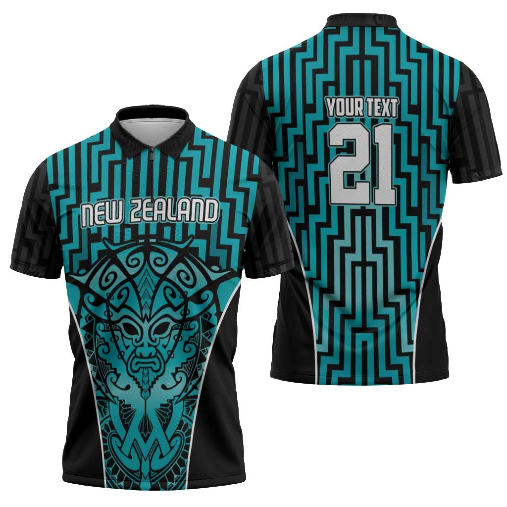 Custom Basketball New Zealand Zipper Polo Shirt Teal Maori Ta Moko Indigenous - Aussie Hoodie
