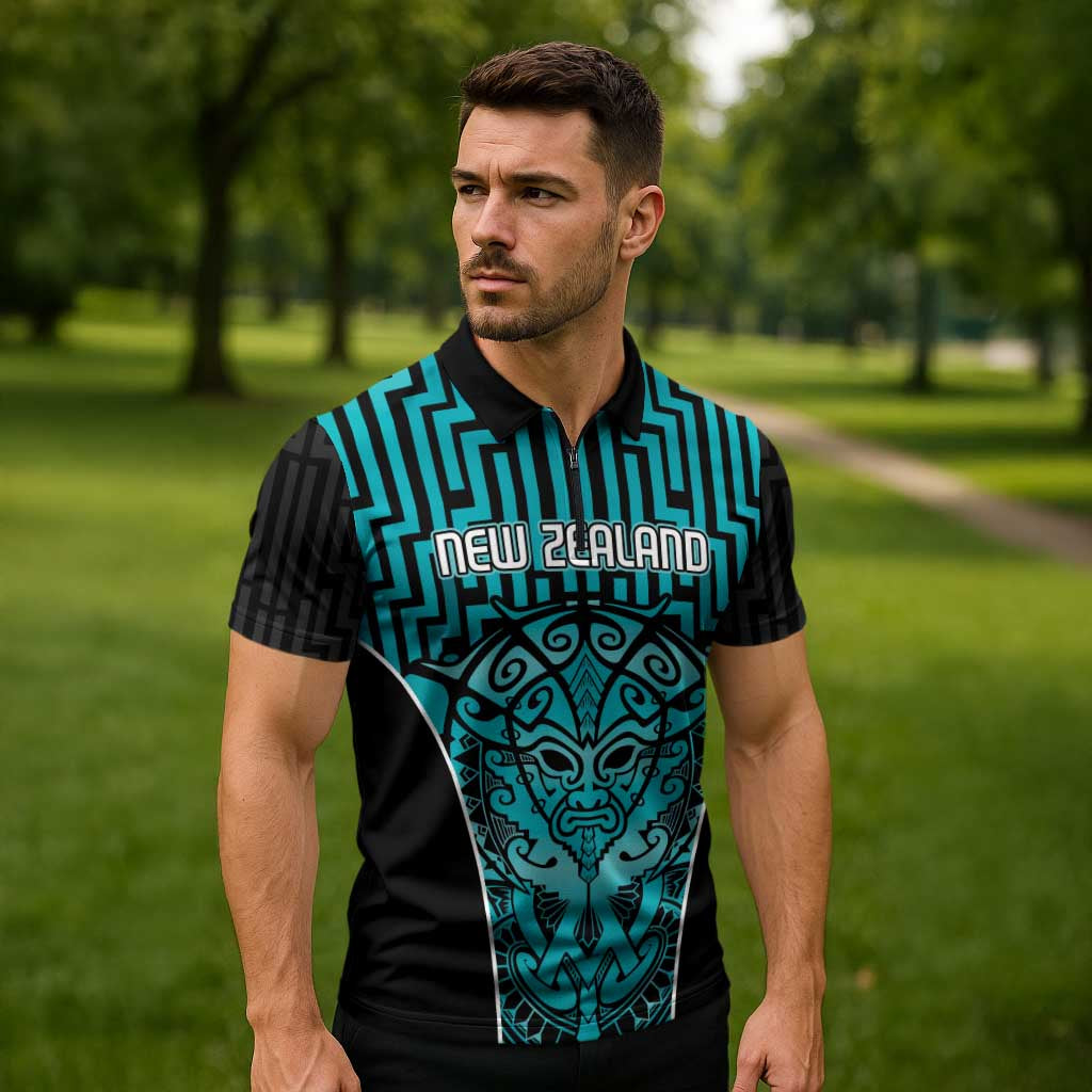 Custom Basketball New Zealand Zipper Polo Shirt Teal Maori Ta Moko Indigenous - Aussie Hoodie