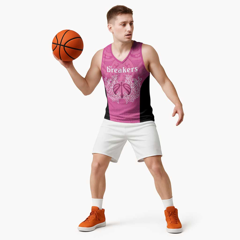 New Zealand Custom Basketball Jersey Fire Basketball Maori Tribal Pink - Aussie Hoodie