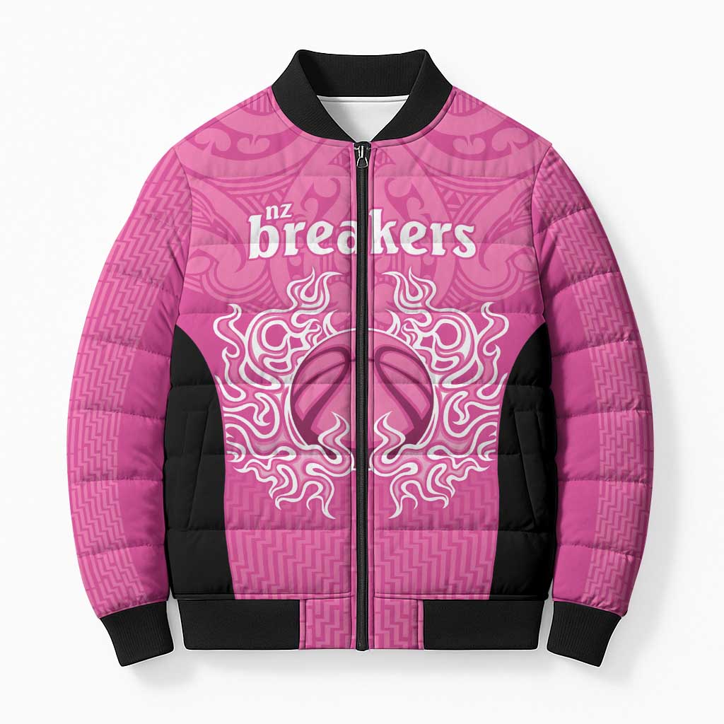 New Zealand Custom Bomber Puffer Jacket Fire Basketball Maori Tribal Pink - Aussie Hoodie
