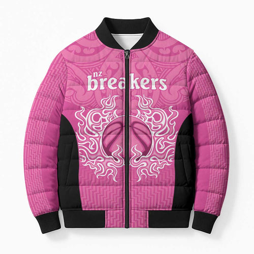 New Zealand Custom Bomber Puffer Jacket Fire Basketball Maori Tribal Pink - Aussie Hoodie