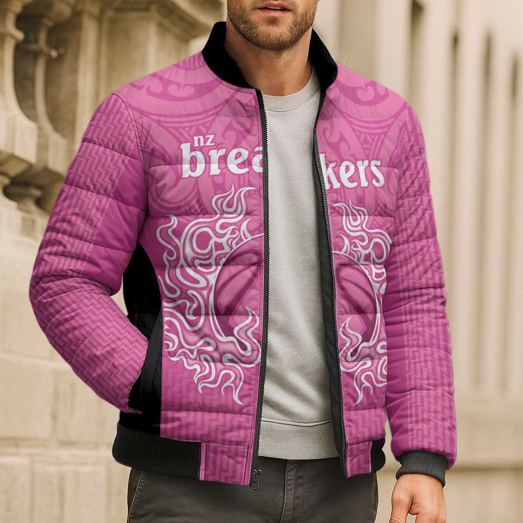 New Zealand Custom Bomber Puffer Jacket Fire Basketball Maori Tribal Pink - Aussie Hoodie
