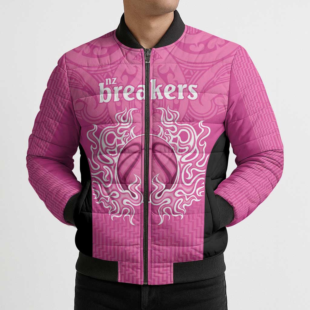 New Zealand Custom Bomber Puffer Jacket Fire Basketball Maori Tribal Pink - Aussie Hoodie