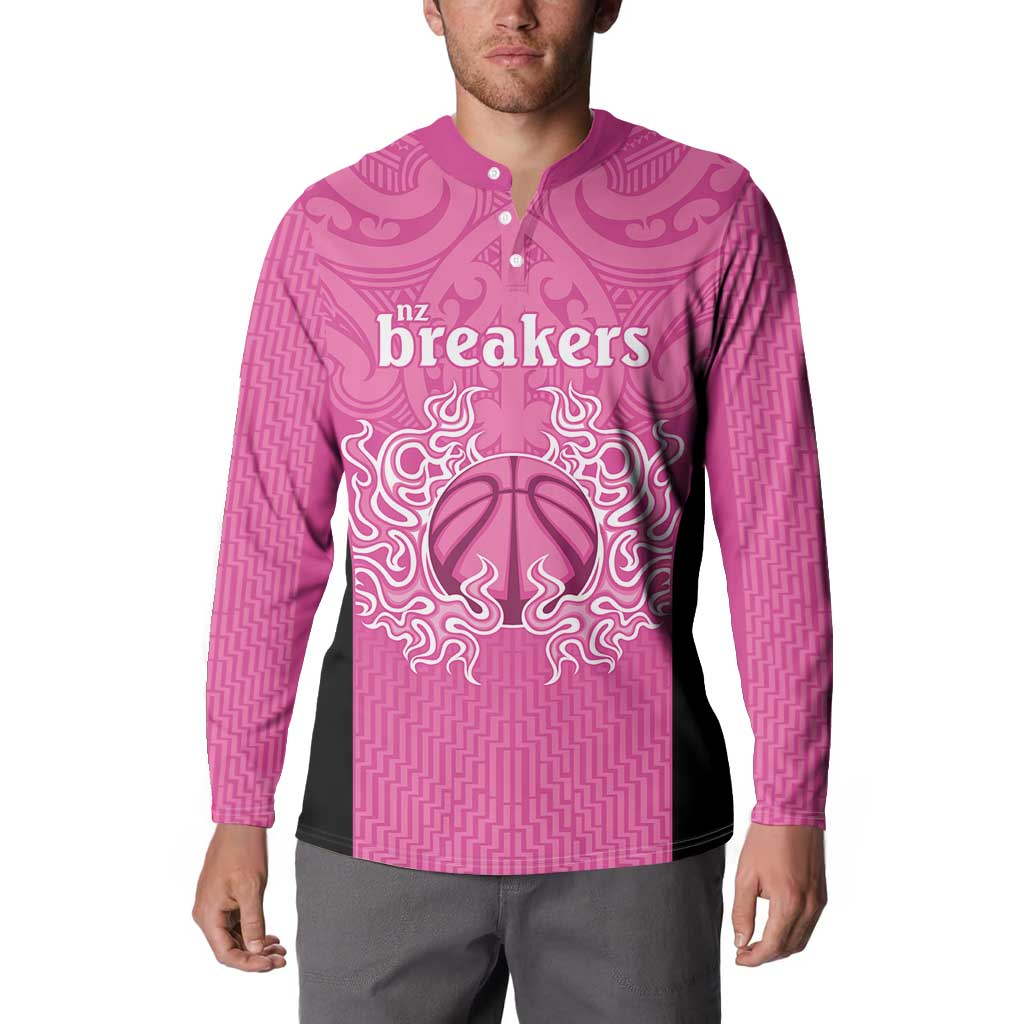 New Zealand Custom Button Sweatshirt Fire Basketball Maori Tribal Pink - Aussie Hoodie