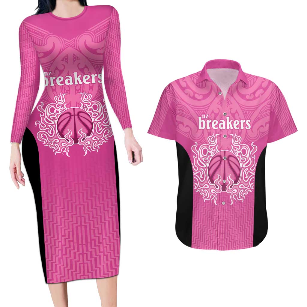 New Zealand Custom Couples Matching Long Sleeve Bodycon Dress and Hawaiian Shirt Fire Basketball Maori Tribal Pink - Aussie Hoodie