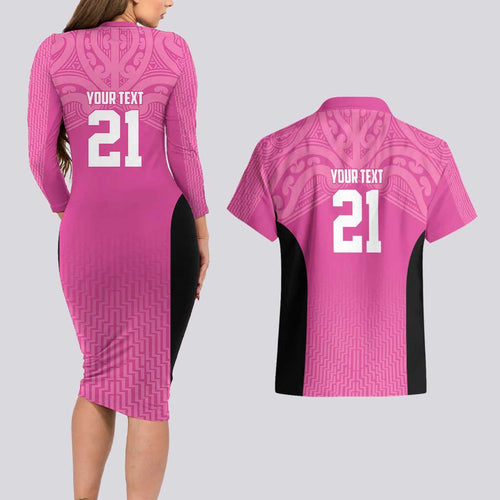 New Zealand Custom Couples Matching Long Sleeve Bodycon Dress and Hawaiian Shirt Fire Basketball Maori Tribal Pink - Aussie Hoodie