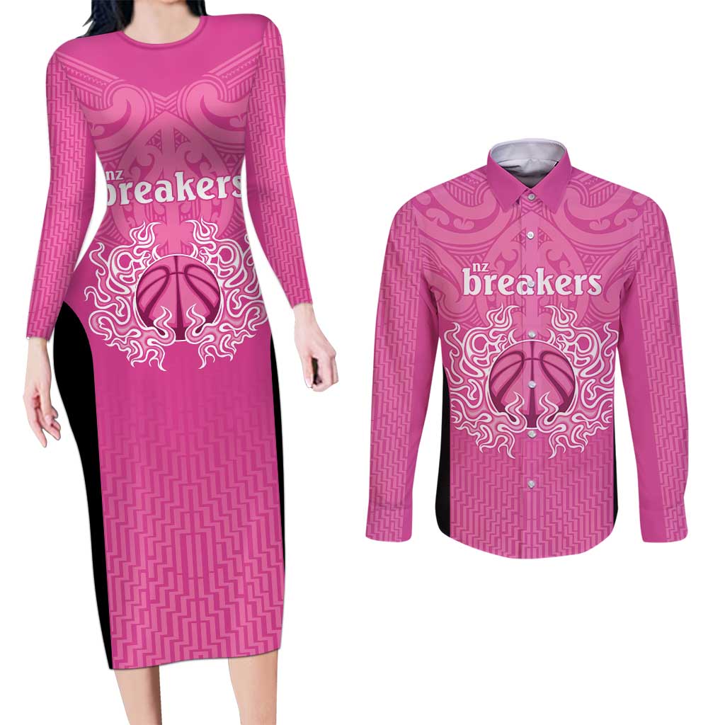 New Zealand Custom Couples Matching Long Sleeve Bodycon Dress and Long Sleeve Button Shirt Fire Basketball Maori Tribal Pink - Aussie Hoodie