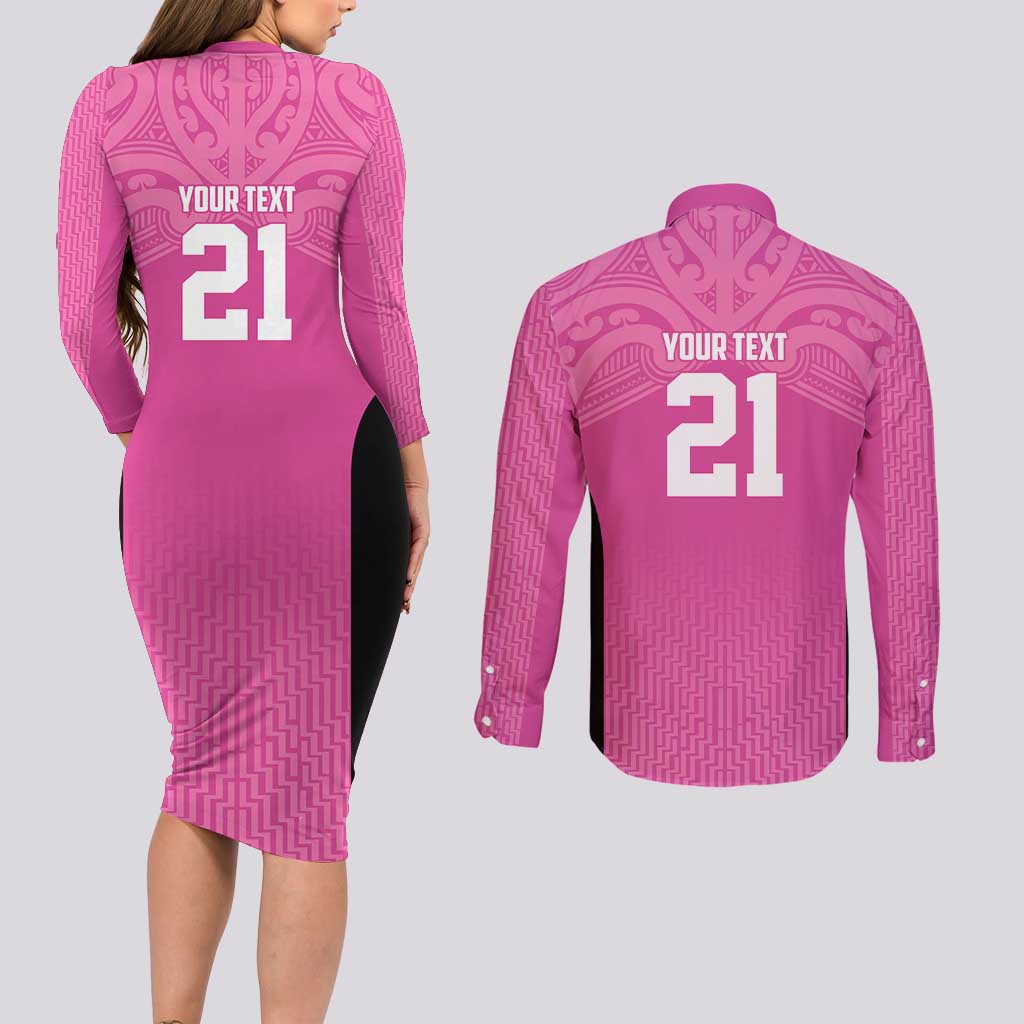 New Zealand Custom Couples Matching Long Sleeve Bodycon Dress and Long Sleeve Button Shirt Fire Basketball Maori Tribal Pink - Aussie Hoodie
