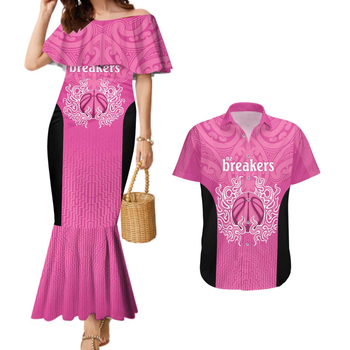 New Zealand Custom Couples Matching Mermaid Dress and Hawaiian Shirt Fire Basketball Maori Tribal Pink - Aussie Hoodie