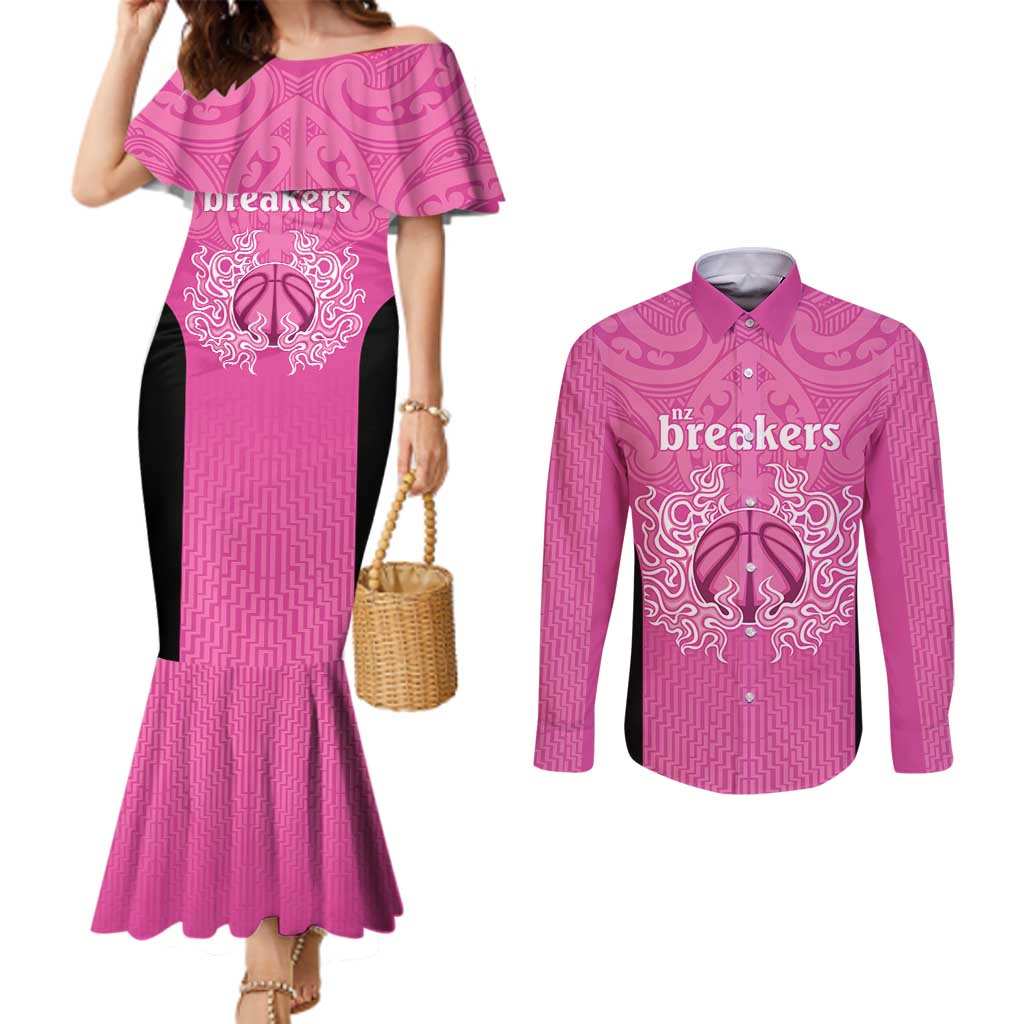 New Zealand Custom Couples Matching Mermaid Dress and Long Sleeve Button Shirt Fire Basketball Maori Tribal Pink - Aussie Hoodie