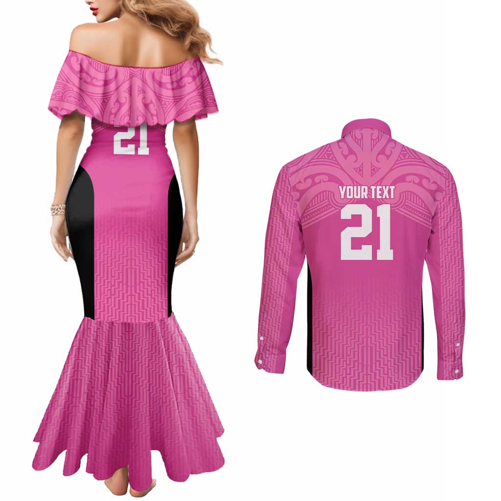 New Zealand Custom Couples Matching Mermaid Dress and Long Sleeve Button Shirt Fire Basketball Maori Tribal Pink - Aussie Hoodie