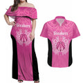 New Zealand Custom Couples Matching Off Shoulder Maxi Dress and Hawaiian Shirt Fire Basketball Maori Tribal Pink - Aussie Hoodie
