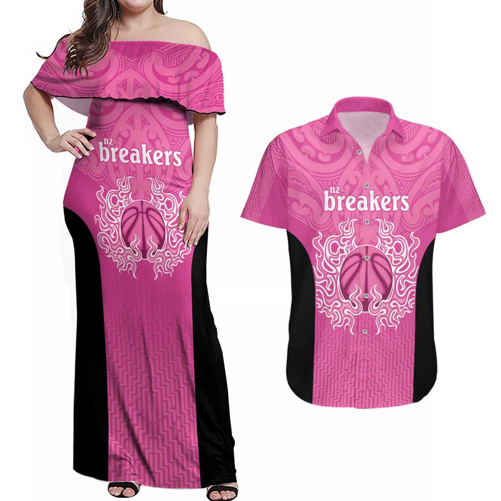 New Zealand Custom Couples Matching Off Shoulder Maxi Dress and Hawaiian Shirt Fire Basketball Maori Tribal Pink - Aussie Hoodie