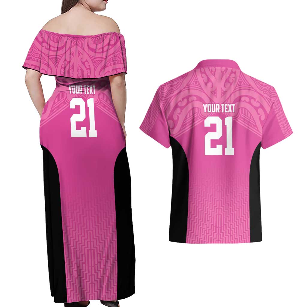 New Zealand Custom Couples Matching Off Shoulder Maxi Dress and Hawaiian Shirt Fire Basketball Maori Tribal Pink - Aussie Hoodie