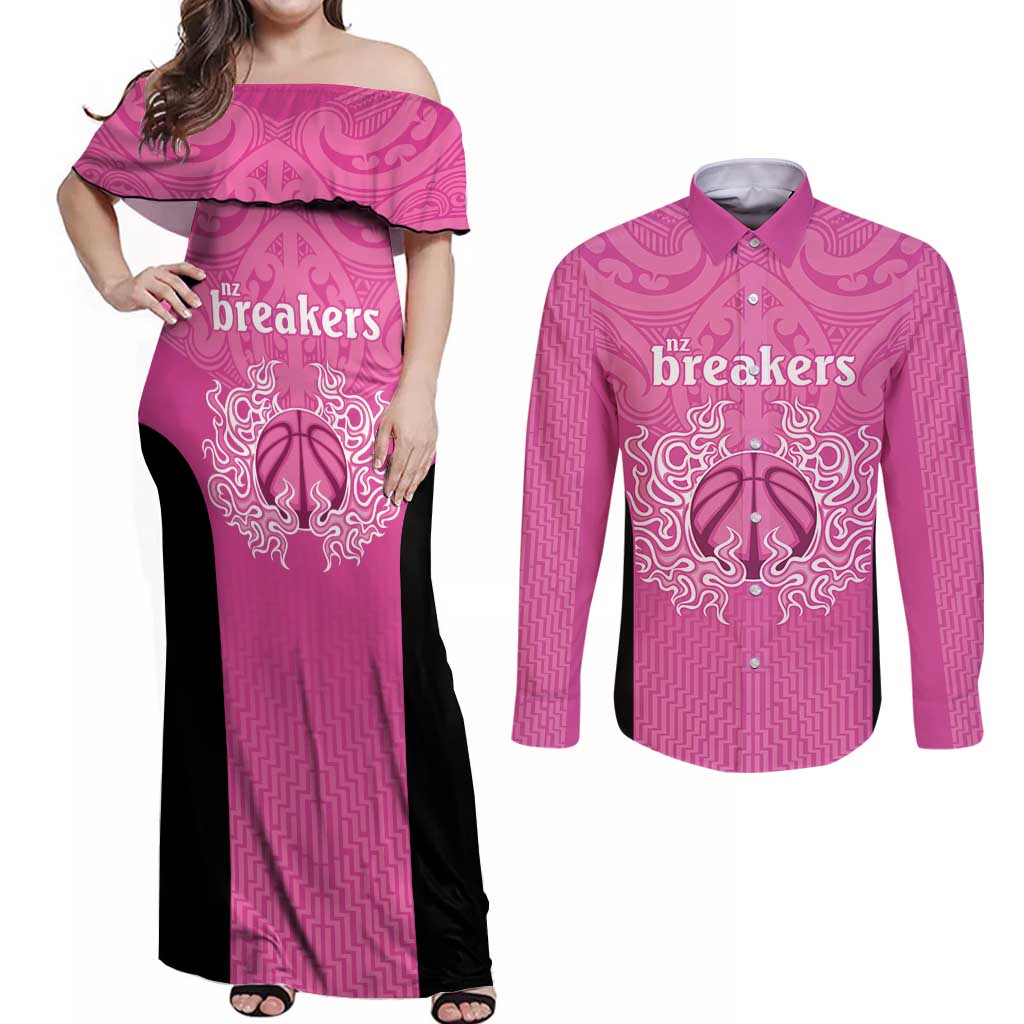 New Zealand Custom Couples Matching Off Shoulder Maxi Dress and Long Sleeve Button Shirt Fire Basketball Maori Tribal Pink - Aussie Hoodie