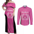 New Zealand Custom Couples Matching Off Shoulder Maxi Dress and Long Sleeve Button Shirt Fire Basketball Maori Tribal Pink - Aussie Hoodie