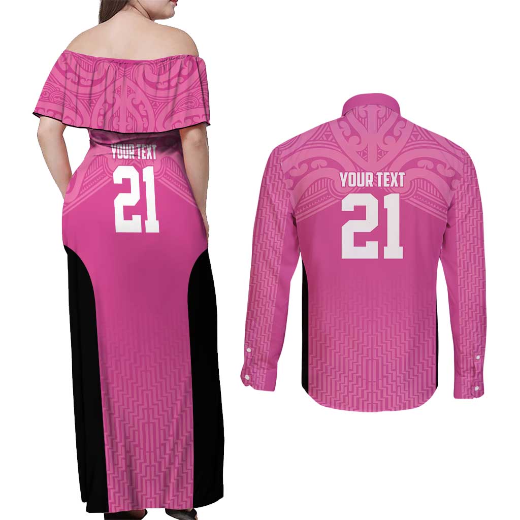 New Zealand Custom Couples Matching Off Shoulder Maxi Dress and Long Sleeve Button Shirt Fire Basketball Maori Tribal Pink - Aussie Hoodie