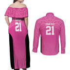 New Zealand Custom Couples Matching Off Shoulder Maxi Dress and Long Sleeve Button Shirt Fire Basketball Maori Tribal Pink - Aussie Hoodie