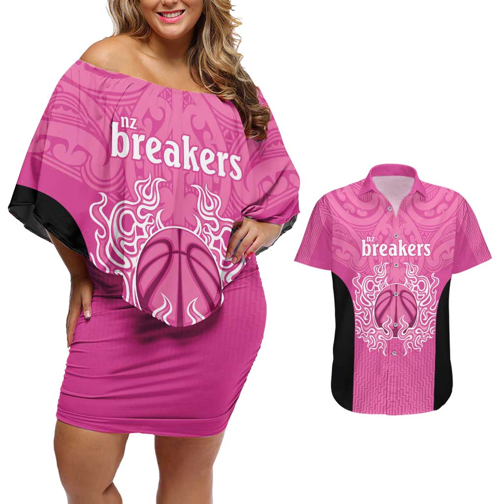 New Zealand Custom Couples Matching Off Shoulder Short Dress and Hawaiian Shirt Fire Basketball Maori Tribal Pink - Aussie Hoodie