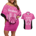 New Zealand Custom Couples Matching Off Shoulder Short Dress and Hawaiian Shirt Fire Basketball Maori Tribal Pink - Aussie Hoodie