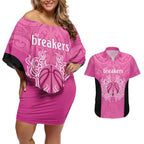 New Zealand Custom Couples Matching Off Shoulder Short Dress and Hawaiian Shirt Fire Basketball Maori Tribal Pink - Aussie Hoodie