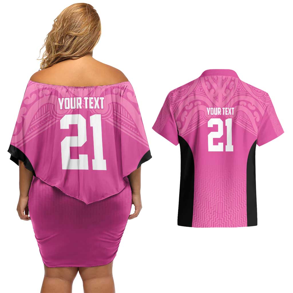 New Zealand Custom Couples Matching Off Shoulder Short Dress and Hawaiian Shirt Fire Basketball Maori Tribal Pink - Aussie Hoodie