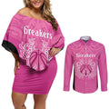 New Zealand Custom Couples Matching Off Shoulder Short Dress and Long Sleeve Button Shirt Fire Basketball Maori Tribal Pink - Aussie Hoodie