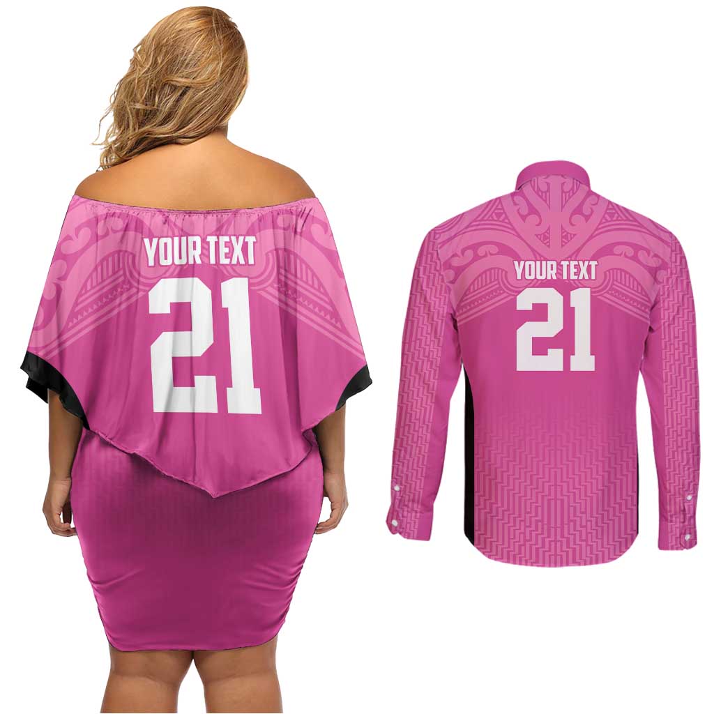 New Zealand Custom Couples Matching Off Shoulder Short Dress and Long Sleeve Button Shirt Fire Basketball Maori Tribal Pink - Aussie Hoodie